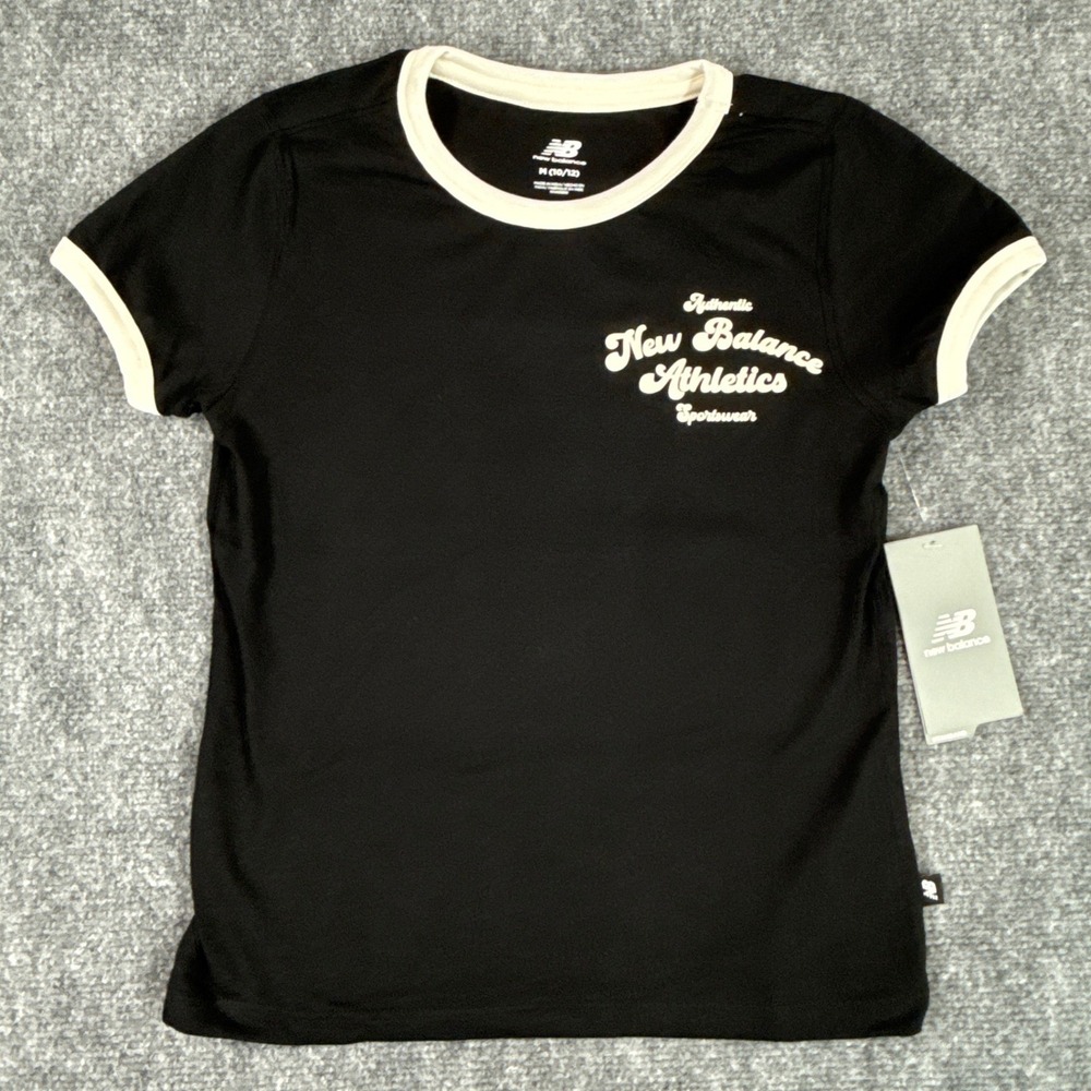 New Balance Athletics Sportswear Girls Medium Black Ringer Tee Shirt NWT